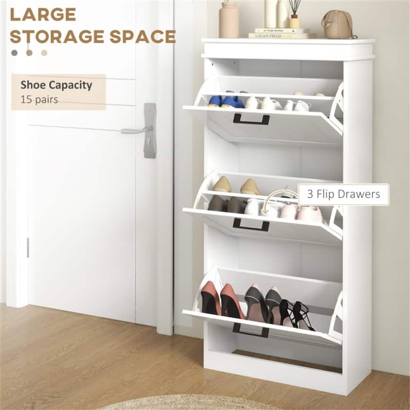 Modern White Shoe Cabinet with 3 Tilt-Out Drawers and Adjustable Shelves for Entryway Storage - 21.25" W x 9.5" D x 46.25" H