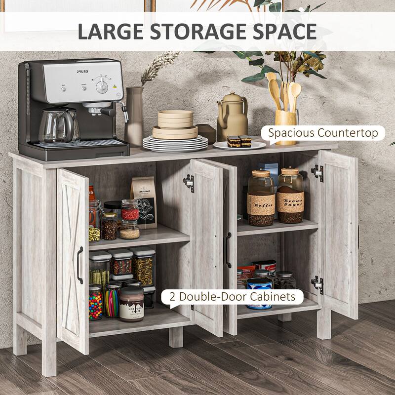 Buffet Cabinet, 47" Sideboard with 4 Barn Doors and 2 Adjustable Shelves