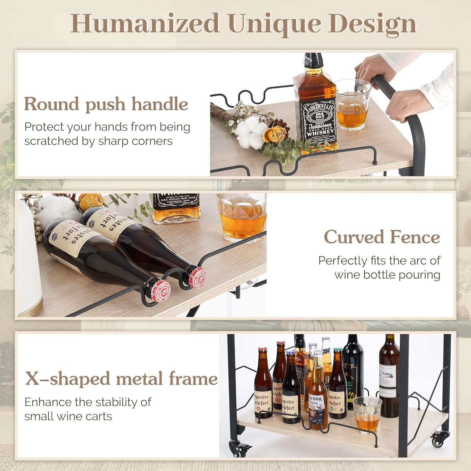 Bar Carts, 2-Tier Mobile Bar Serving Cart with Wine Racks and Glasses Holders, Wine Cart on Wheels