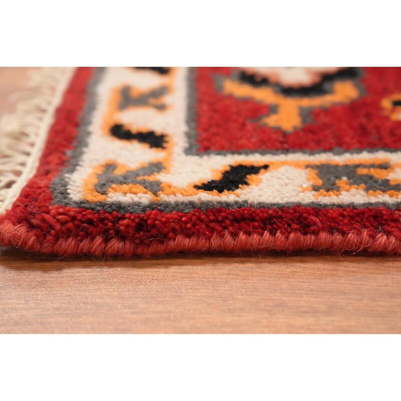 Hand Knotted Oriental 100% Wool Carpet Traditional Geometric Oranges & Rust Kazak Runner Rug - 7' 11'' X 2' 7''
