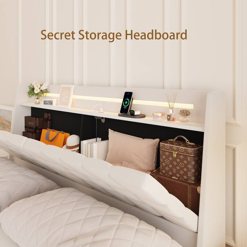 Queen Size Upholstered Floating Platform Bed with LED Light and Charging Station