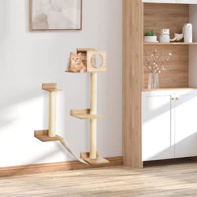 Cat Tree Tower with Platforms, Wooden Ladder & Natural Pine Wood - 11.75" L x 11" W x 11.5" H