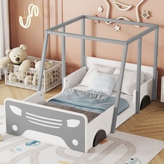 Grey Twin Size Pine Wood Car-shaped Bed with Roof, wheels, door Design, Montessori Inspired Bedroom