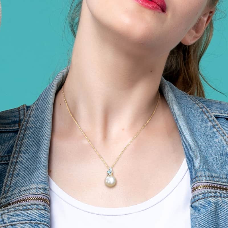Miadora Pearl, Sky Blue Topaz, London Blue Topaz & Diamond Accent Pendant in 14k Yellow Gold