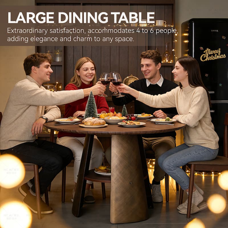 47.25 Inch Round Dining Table, Retro Style, Brushed Texture, Suitable For 4-6 People, MDF Tabletop, Metal Frame