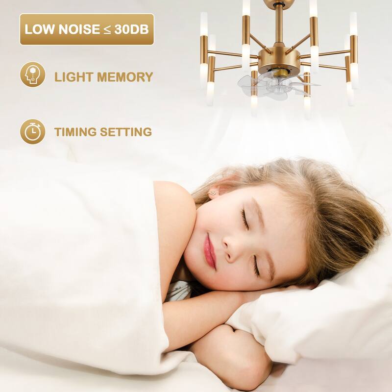 CurveCurio 24" Dark Gold Modern Ceiling Fan w 8 Lights, Chandelier Fan Light Quiet DC Motor 6 Speed Options w remote control