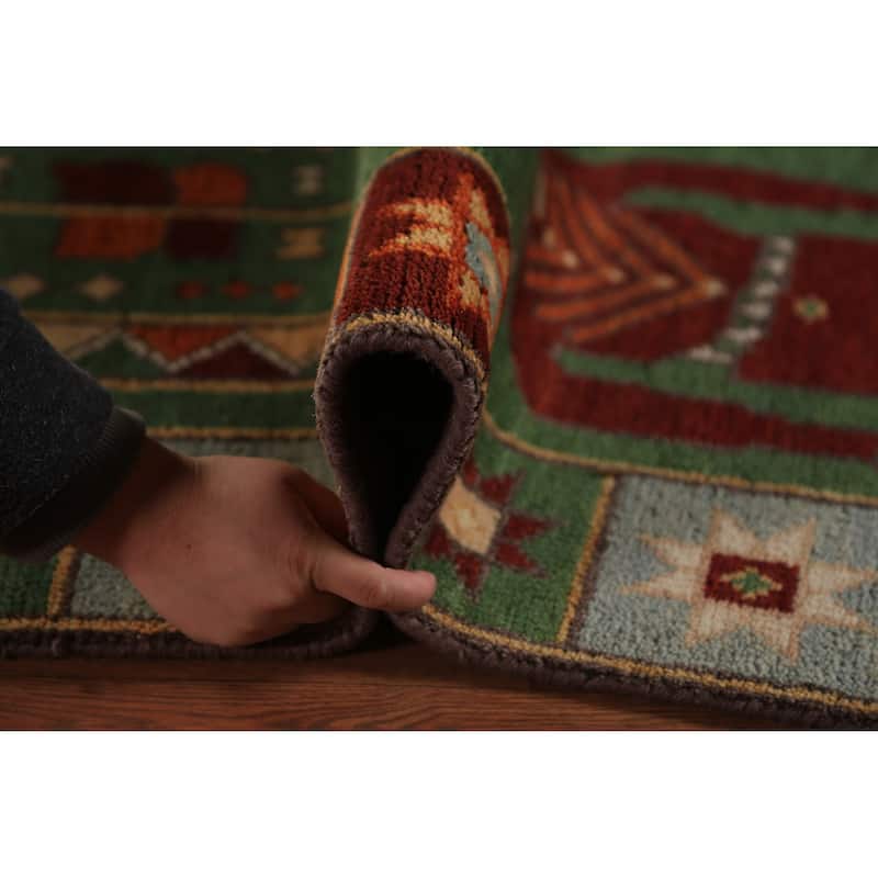 Tribal Green Kazak Indian Runner Rug Hand-Knotted Wool Carpet - 3'11"x 9'10"