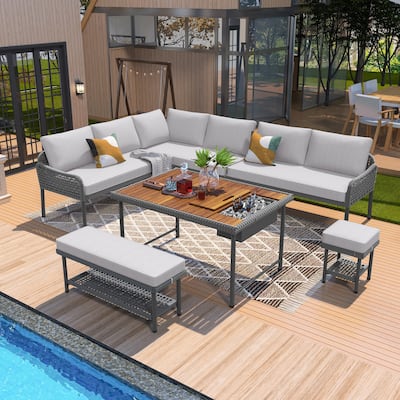 6-Piece Rope Patio L-Shaped Sectional with Acacia Table & Ice Box, Benches & Conversation Set with Thick Cushion