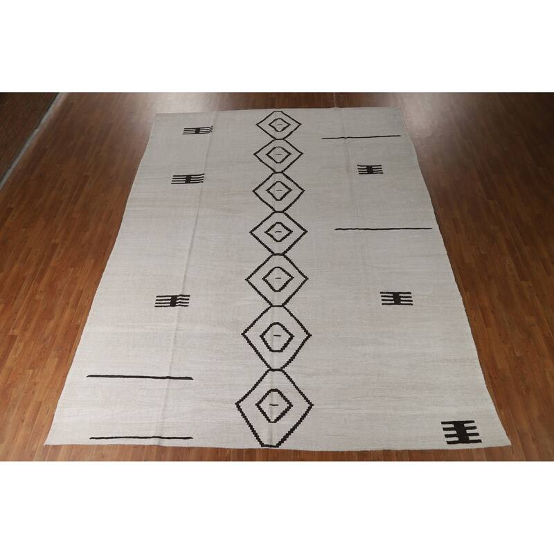 Hand Woven Oriental Cotton Carpet Southwestern Tribal Beige & Ivories Kilim Area Rug - 13' 3'' X 9' 11''