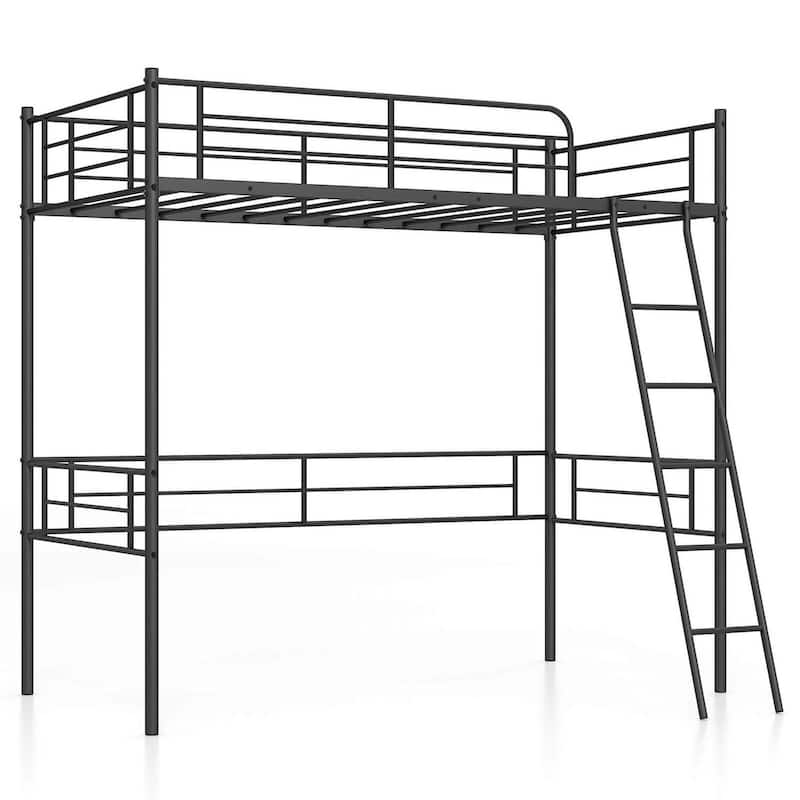 Twin Size Loft Bed Metal Loft Bed Frame w/Ladder & Safety Guardrail - Black