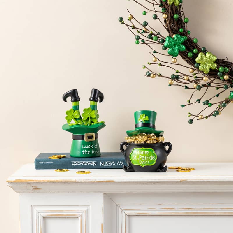 Glitzhome Set of 2 St Patrick's Resin Pot of Gold & Leprechaun Hat Table Decor