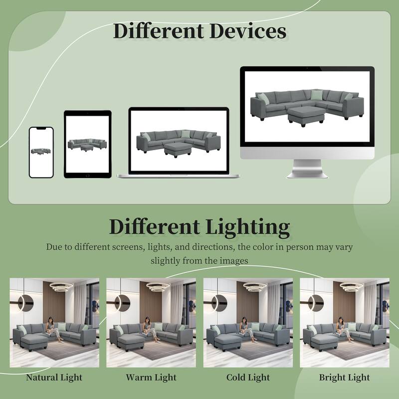 Modular Sectional Sofa with Removable Ottoman, 7 Seats Corner Sectional Sofa, L Shape Fabric Upholstered Sofa with 3 Pillows