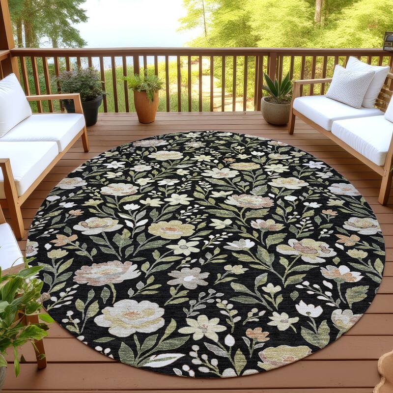 Machine Washable Indoor/ Outdoor Floral Garden Chantille Rug - Black - 8' x 8'