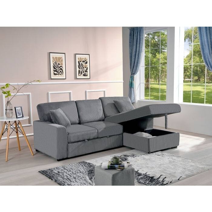 Corduroy Fabric Pull Out Sectional Sofa Bed with Storage Chaise and Pillows
