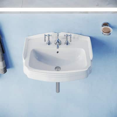 Cloakroom White Ceramic Wall Mount Vessel Sink with Overflow and 4" Centerset Faucet Holes