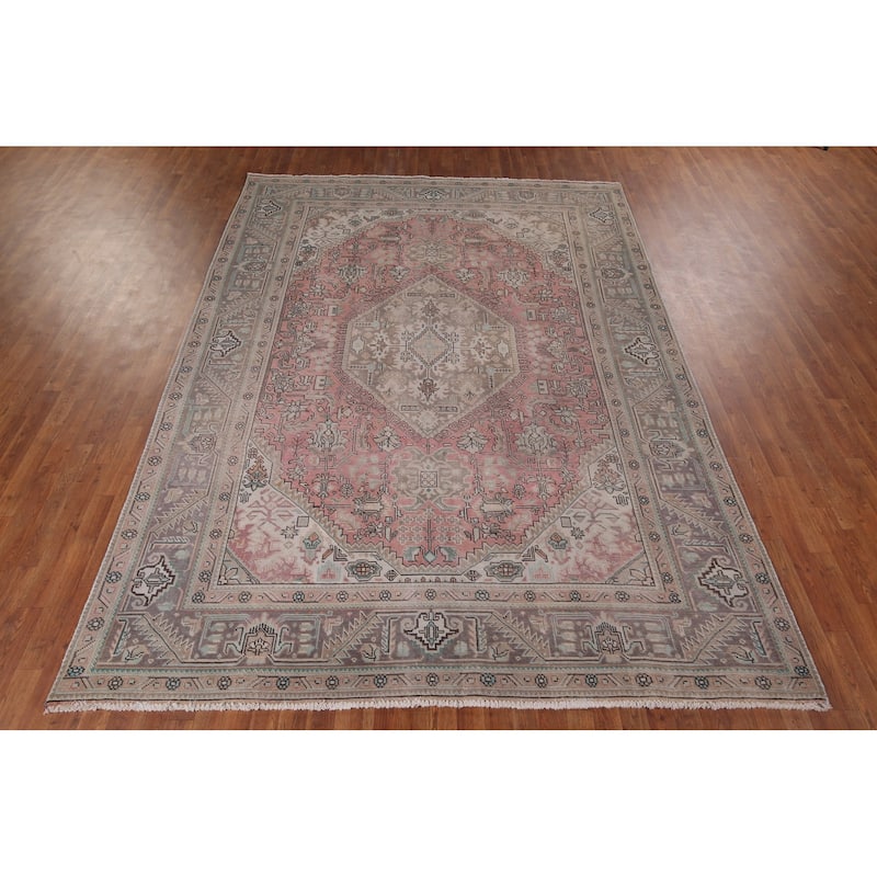 Pink Distressed Tabriz Vintage Persian Rug Hand-Knotted Wool Carpet - 8'0" x 10'11"