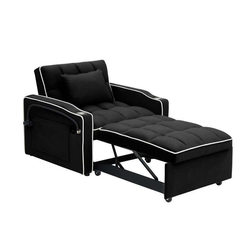 Versatile Foldable Sofa Bed In 3 Lengths, Velvet Pull-out Bed, Adjustable Back, USB Port And Ashtray And Swivel Phone Stand
