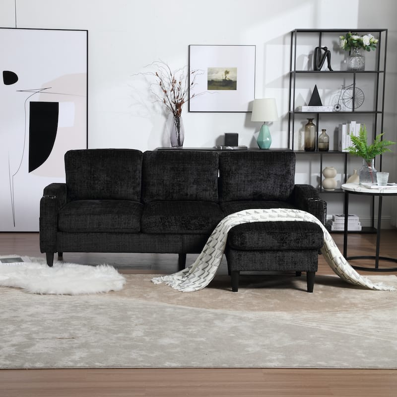 Chenille Deep Seat Couch with Chaise, L-shaped Sectional Sofa with Storage Ottoman, Cup Holders and Side Pockets for Living Room - Black