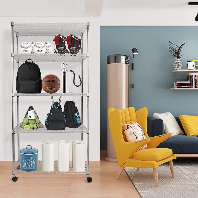 5-Shelf Shelving with Wheels Steel Organizer ，Chrome
