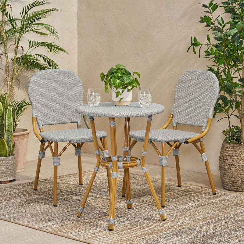 Arthur Outdoor French Cafe Set - Aluminum and Wicker - Gray/Bamboo Finish by Christopher Knight Home - Grey + Bamboo Print Finish