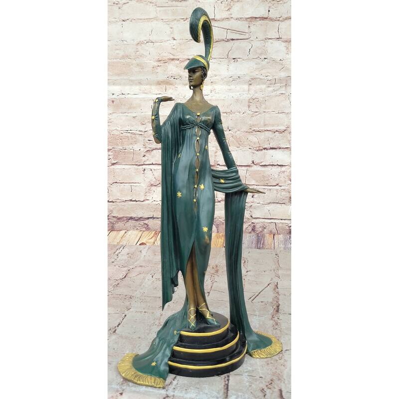 J. Erte Art Deco Bronze Lady Statue – Glamorous Figurine In Flowing Gown With Star Accents On Marble Base