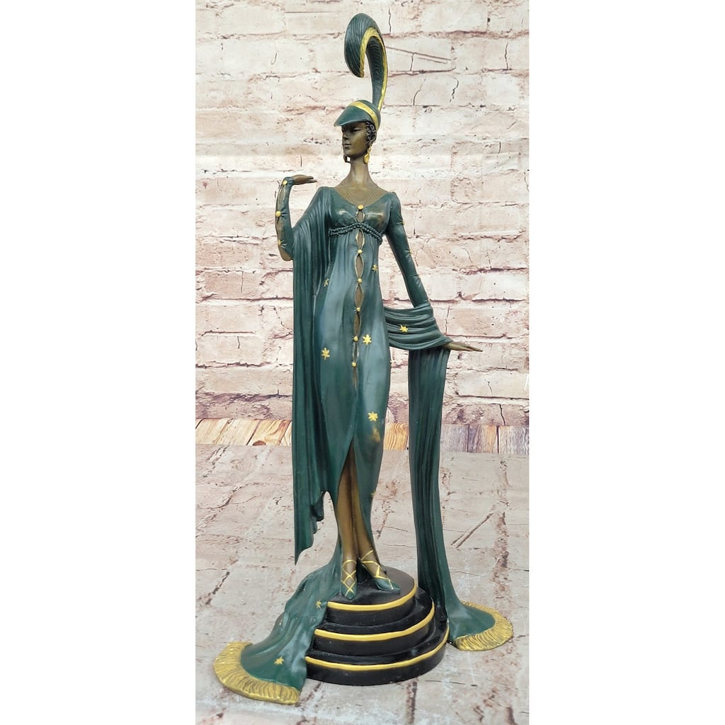 J. Erte Art Deco Bronze Lady Statue – Glamorous Figurine In Flowing Gown With Star Accents On Marble Base