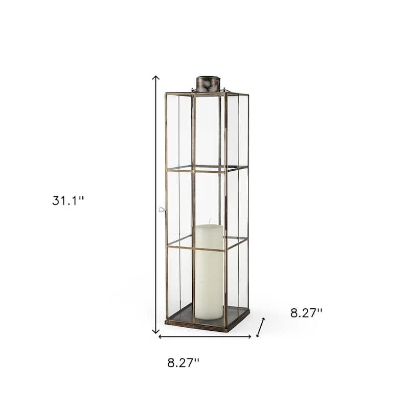 31" Gold Distressed Geometric Metal Tabletop Lantern Candle Holder