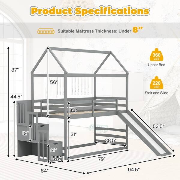 dimension image slide 0 of 3, Twin over Twin Bunk Bed with Slide and 2-Step Storage Staircase