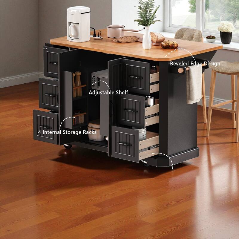 56" Kitchen Island with Drop Leaf & Power Outlet, Rolling Storage Cart with Rubber Wood Veneer Top, 6 Drawers & 4 Door Shelves