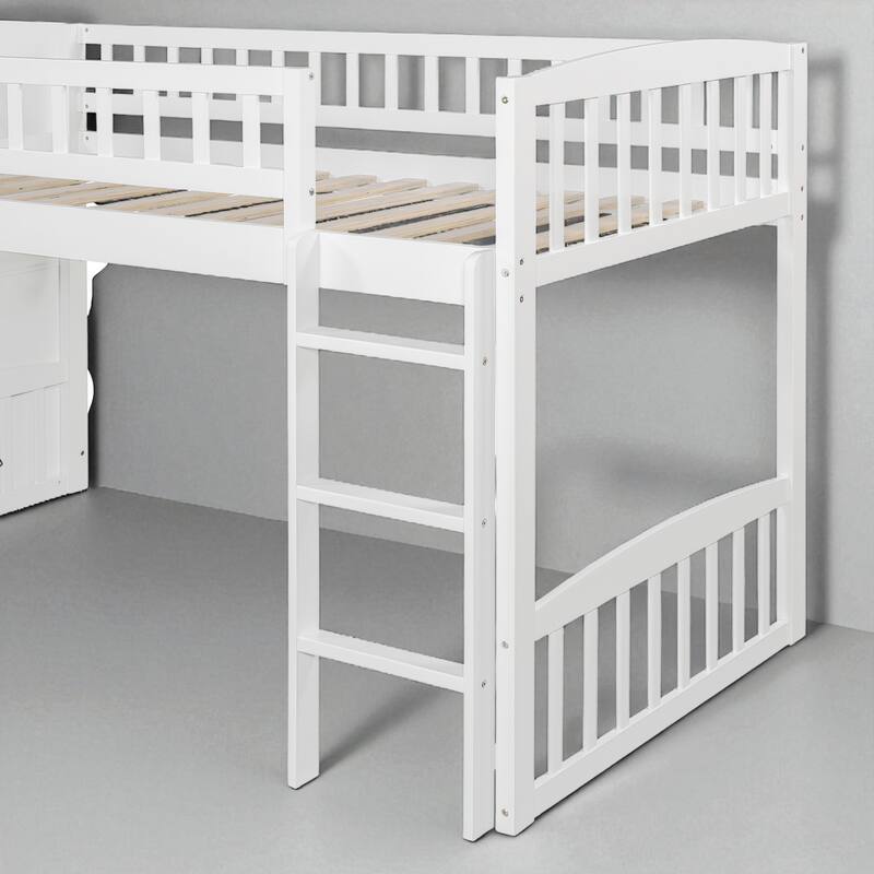 Twin Size Loft Bed with Slide and Storage Stairs, Convertible Ladder and 2 Drawers, Wood Frame