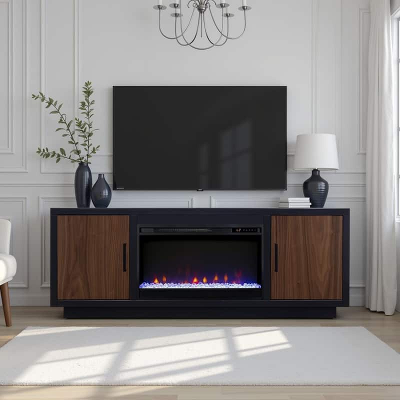 Bridgevine Home Aria 66 inch Fireplace TV Stand for TVs up to 80 inches, Minimal Assembly, Black and Walnut Finish - Black and Walnut