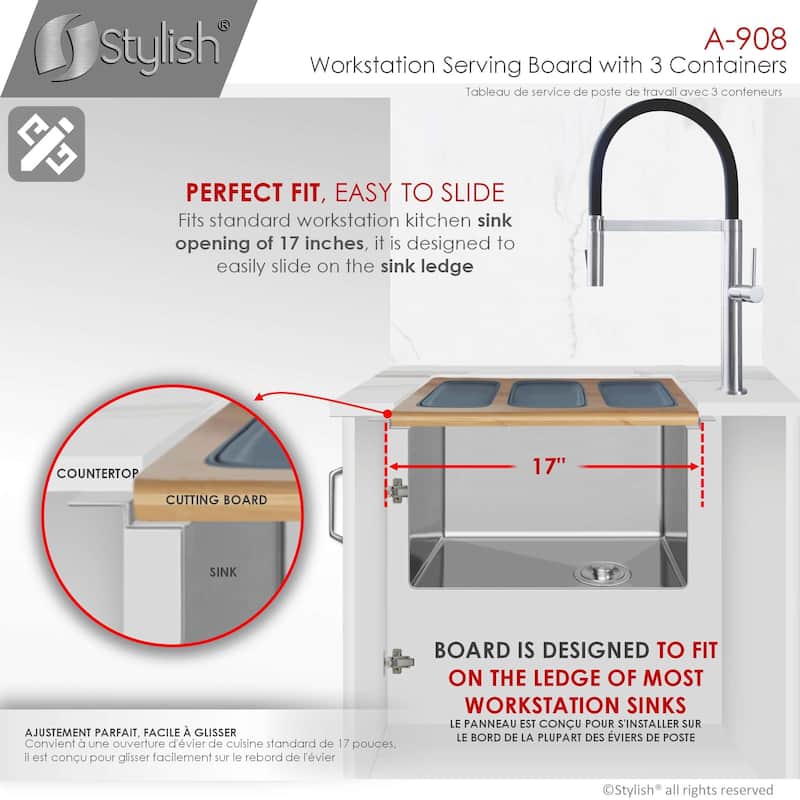 STYLISH 18 inch Over the Sink Divided Serving Board with 3 Collapsible Containers - 16.75" x 8.5"
