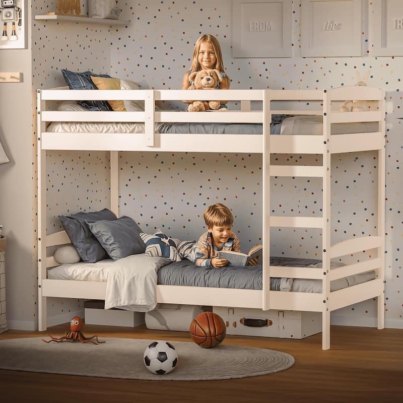 Twin Over Twin Solid Wood Bunk Bed with Detachable Frame, High Guardrails, and Integrated Ladder, No Box Spring Needed, White - White