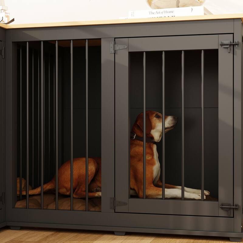 Corner Dog Crate Furniture with Removable Divider, Large Wooden Top Pet Crate End Table for Living Room