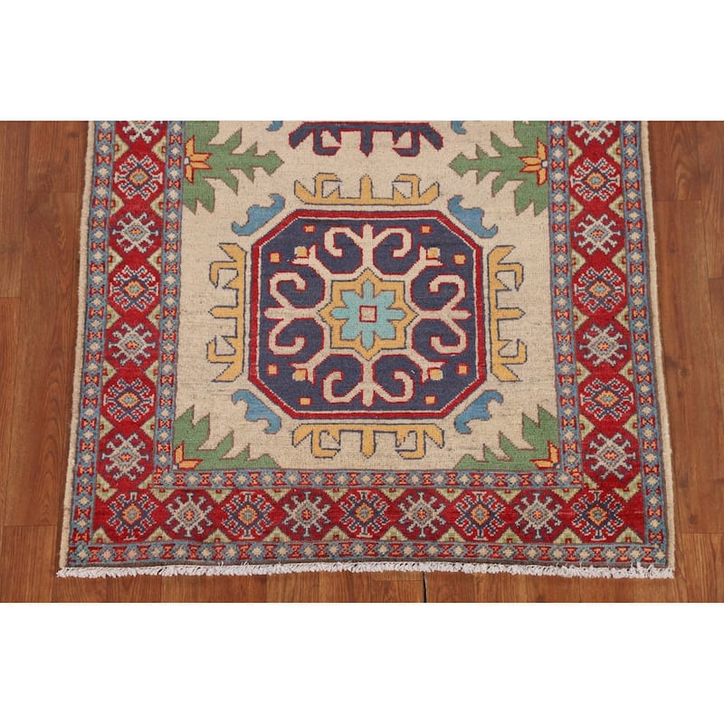 Beige Kazak Runner Rug Hand-Knotted Wool Carpet - 3'3" x 6'10"