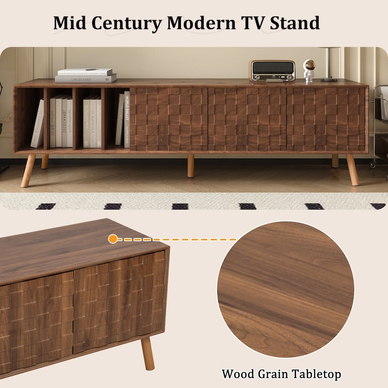 TV Stand with Sliding Doors and Shelves, Entertainment Center with Storage, Media Console Table with 5 Solid Wood Legs