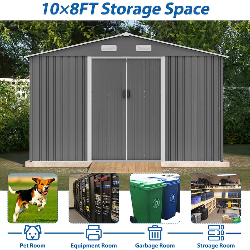 10X8 FT Outdoor Storage Shed,Metal Foundation & Lockable Doors, Tool Shed for Garden, Patio, Backyard, Lawn,Grey
