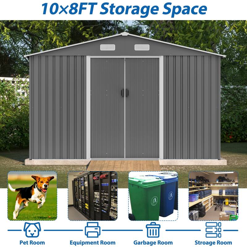 All Weather 10X8 FT Outdoor Tool Storage Shed Metal Lockable Gray