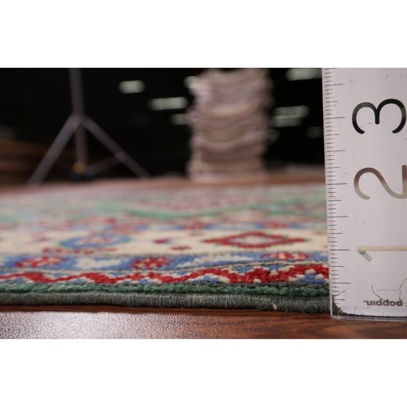 Green Geometric Kazak Oriental Accent Rug Handmade Wool Carpet - 3'4" x 4'10"