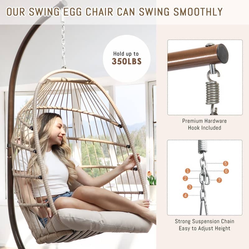 Oversized Hanging Egg Chair with Stand, Indoor Outdoor Swing Chair, 350 lbs Capacity Cozy Rattan Lounge