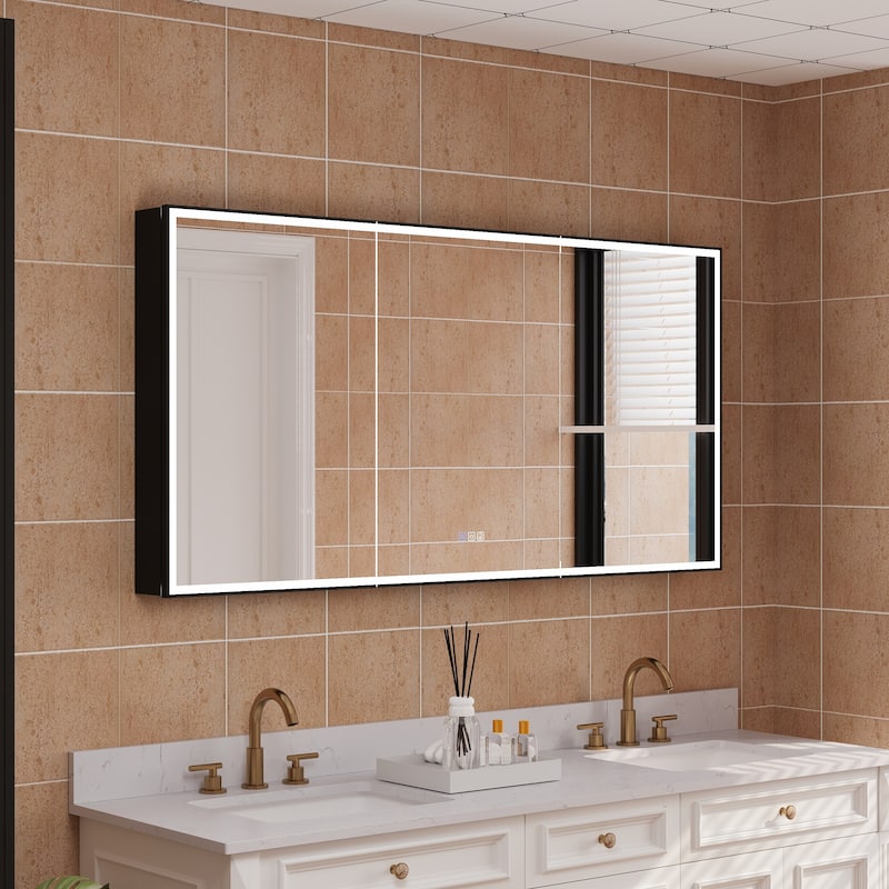 30'' H Recessed Or Surface Wall Mounted LED Mirror Cabinet With Mirror And Adjustable Shelves,Black Frame - 60"W X30"H,Three Doors Open