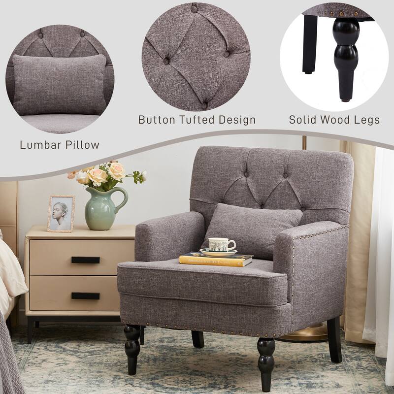 HUIMO Arm Chair Upholstered Button Tufted Accent Chair with Lumbar Pillow Beige/ Grey/ Light Blue/Brown