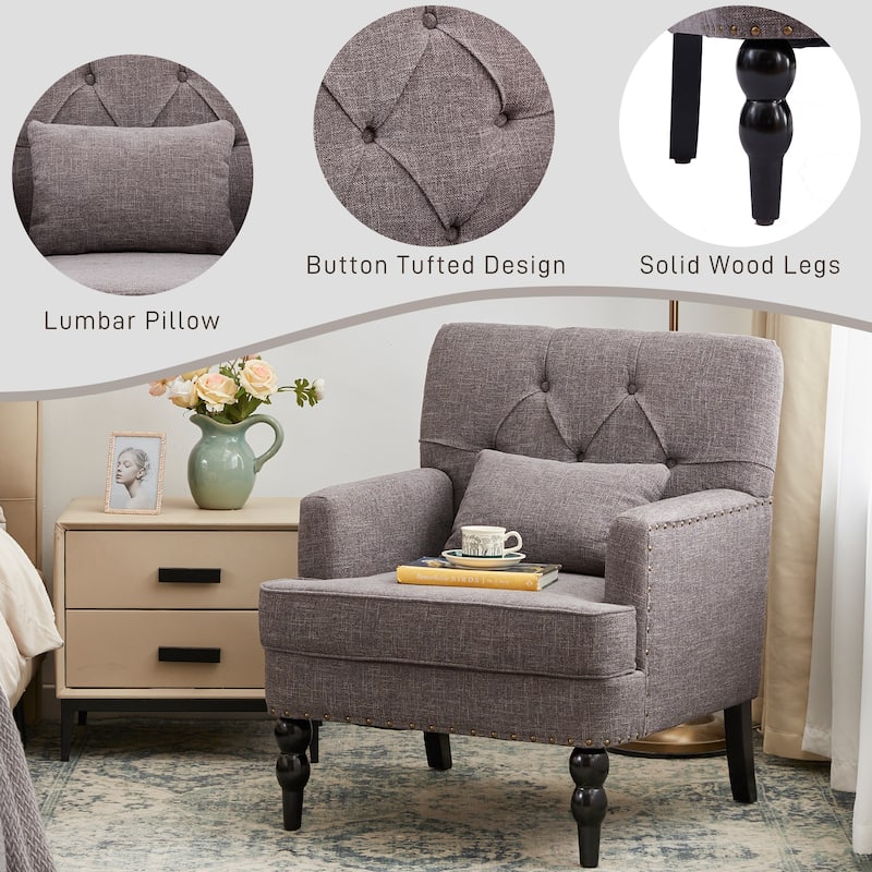 Set of 2 Arm Chair Upholstered Button Tufted Accent Chair with Lumbar Pillow Beige/ Grey/ Light Blue