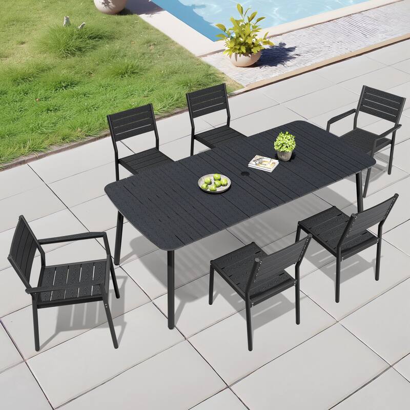 Outdoor 7/9-Piece Patio Dining Set Rectangular Dining Table with Stackable Chairs - Black - Set of 7 - 81.5inches