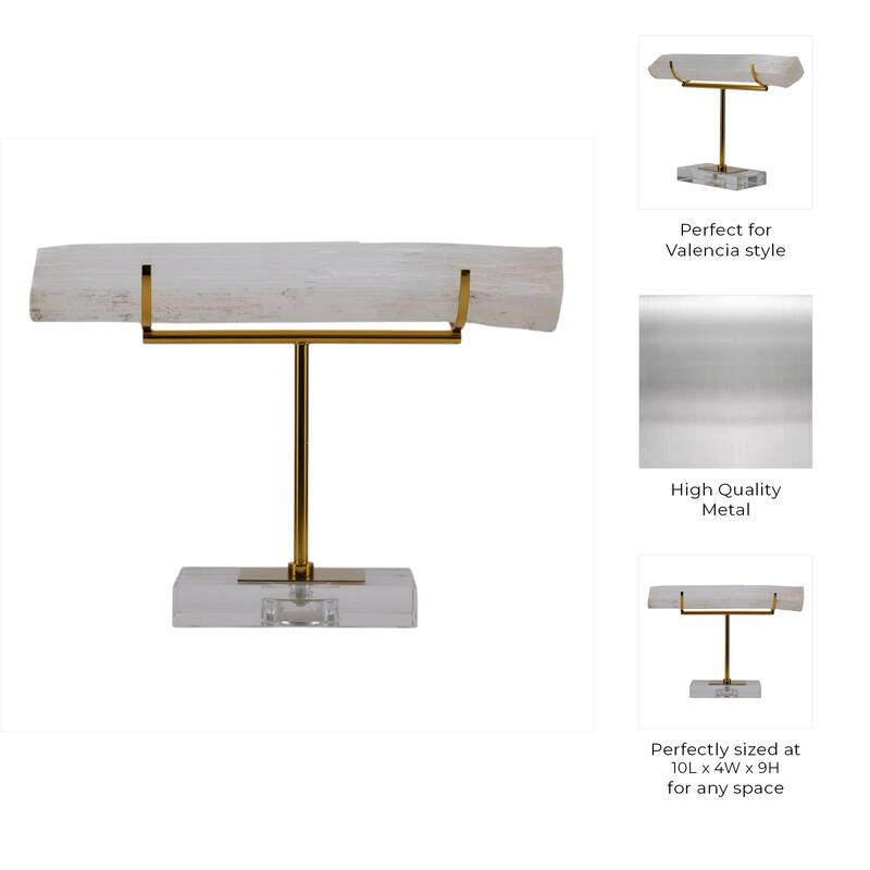Selenite Stone Log Statuary with Metal Accents and Acrylic Base