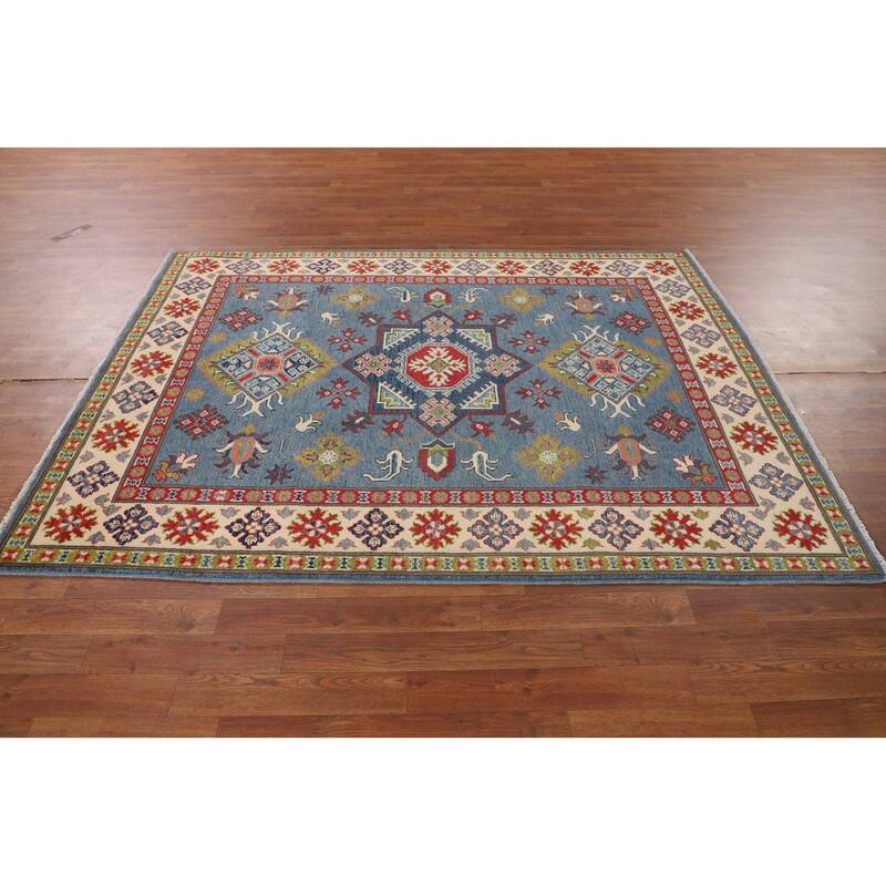 Blue Geometric Kazak Oriental Area Rug Handmade Oriental Wool Carpet - 4'11" x 6'9"