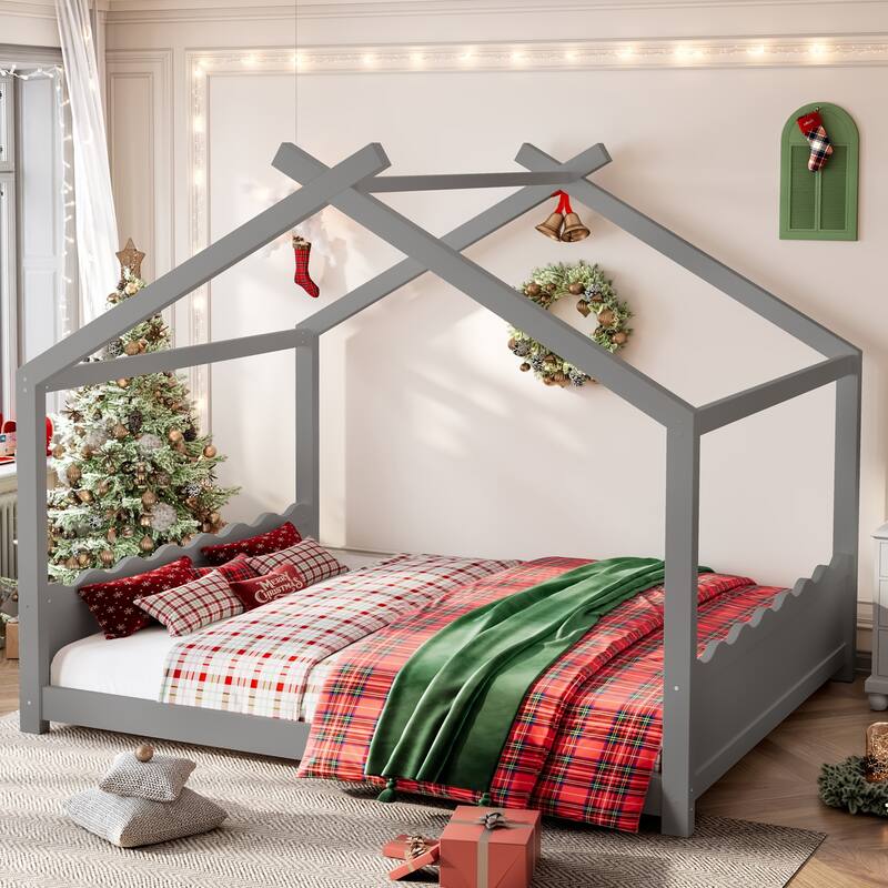 Montessori Bed Floor House Bed with Wave-shaped Headboard and Footboard - Grey - Queen