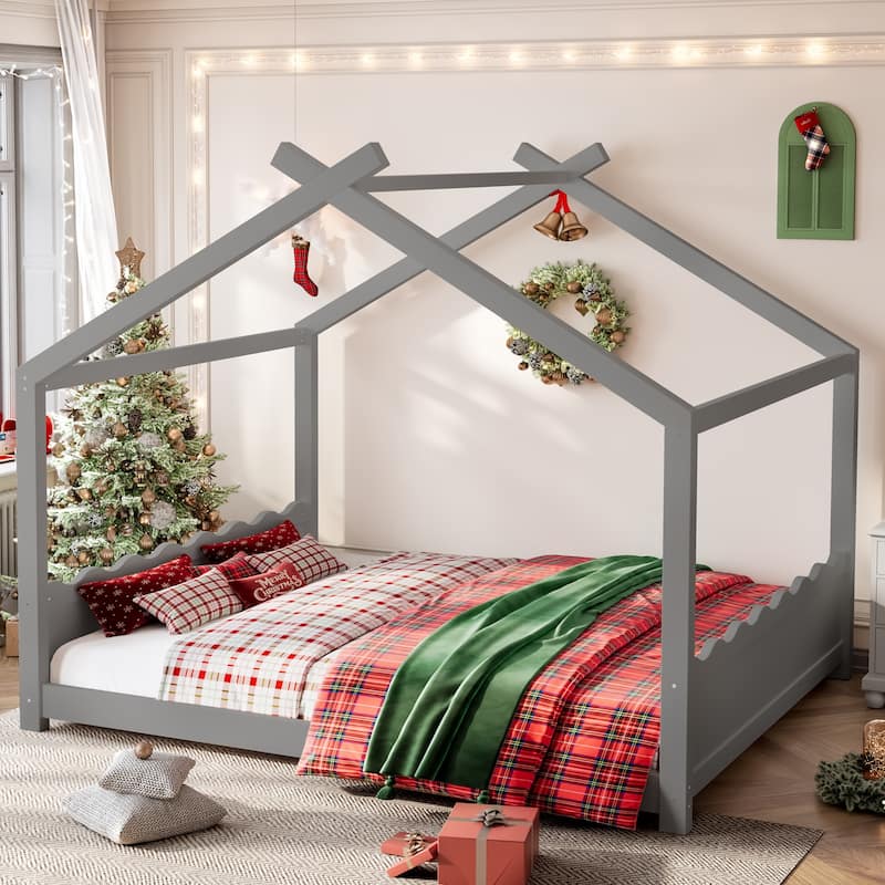 Queen/Full/Twin Solid Wood House Floor Bed, No Box Spring Needed