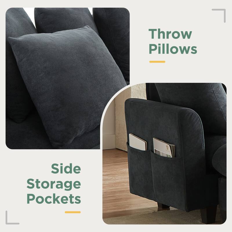 83" L-shaped Sectional Sofa with Storage, Ottoman, Pillows, Black Chenille Upholstery