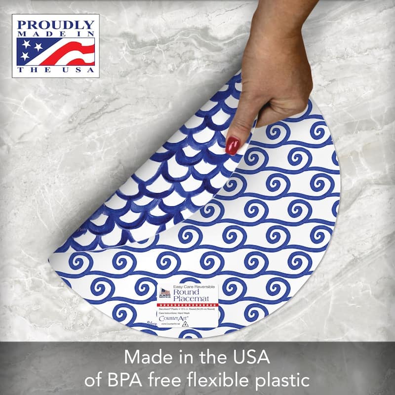 Waves 4 Pack Round Reversible Easy Care Flexible Plastic Placemats Made in The USA Reversible Flexible Easily Wipes Clean